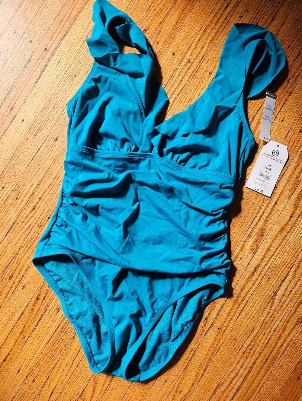 Time and Tru Turquoise One Piece Swimsuit NWT Women's Medium 8-10 Ruched V-Neck